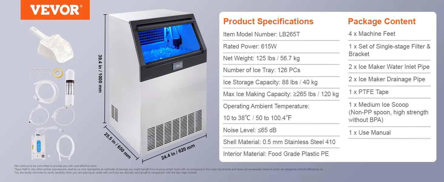 VEVOR commercial ice maker, dimensions, product specifications, and package contents displayed with ice scoop and accessories.
