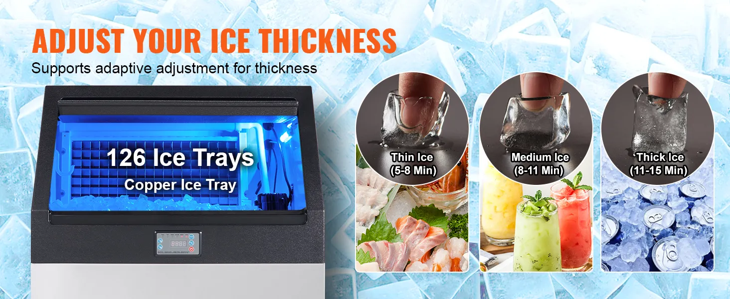 VEVOR commercial ice maker with 126 ice trays, adjustable ice thickness from thin to thick.