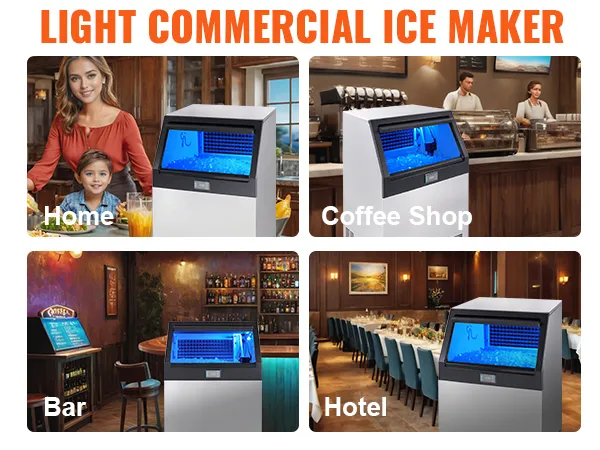 VEVOR commercial ice maker in various settings: home, coffee shop, bar, hotel, and drink shop.