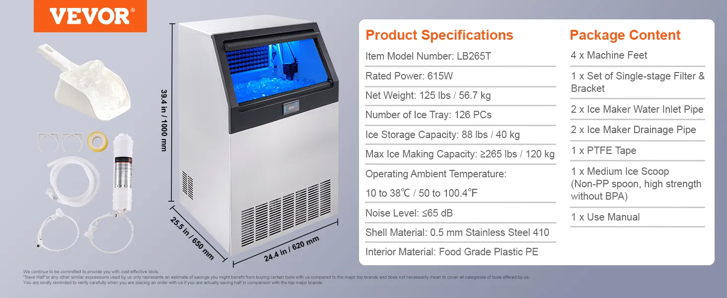 VEVOR commercial ice maker, product details, specifications, accessories, and dimensions in white background
