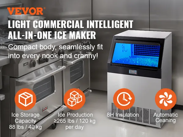 VEVOR commercial ice maker in a stainless steel kitchen, featuring high ice production and storage.