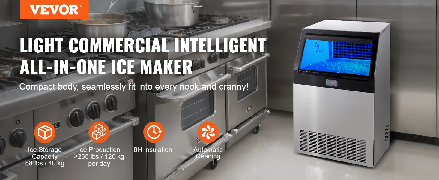 VEVOR commercial ice maker in a stainless steel kitchen, featuring high ice production and storage.