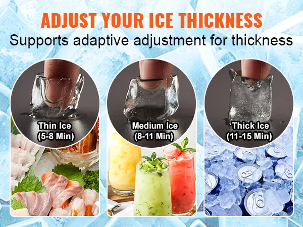 VEVOR commercial ice maker with 126 trays, supports adjustable ice thickness: thin, medium, and thick.
