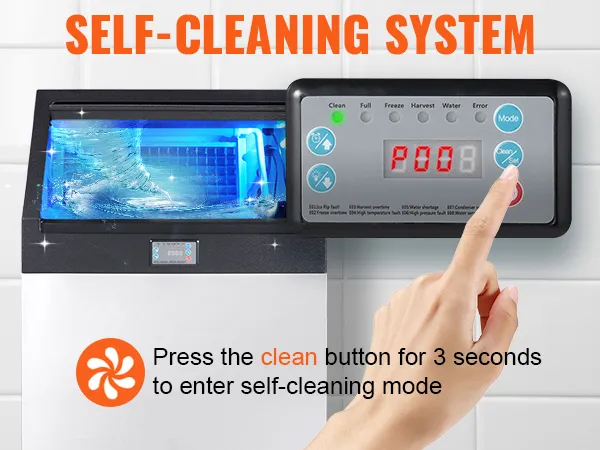 VEVOR commercial ice maker with self-cleaning system, control panel, and clean mode activation.