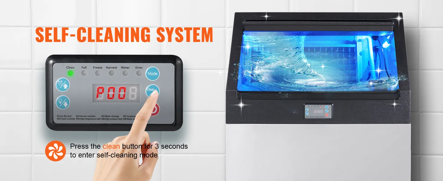 VEVOR commercial ice maker with self-cleaning system, control panel, and clean mode activation.