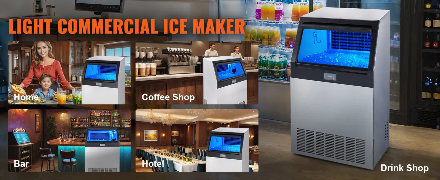 VEVOR commercial ice maker in varied settings: home, coffee shop, bar, hotel, and drink shop.