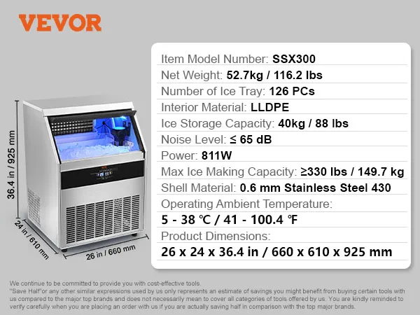 VEVOR commercial ice maker ssx300, 126 trays, 40kg storage, stainless steel, 811w, accessories shown.