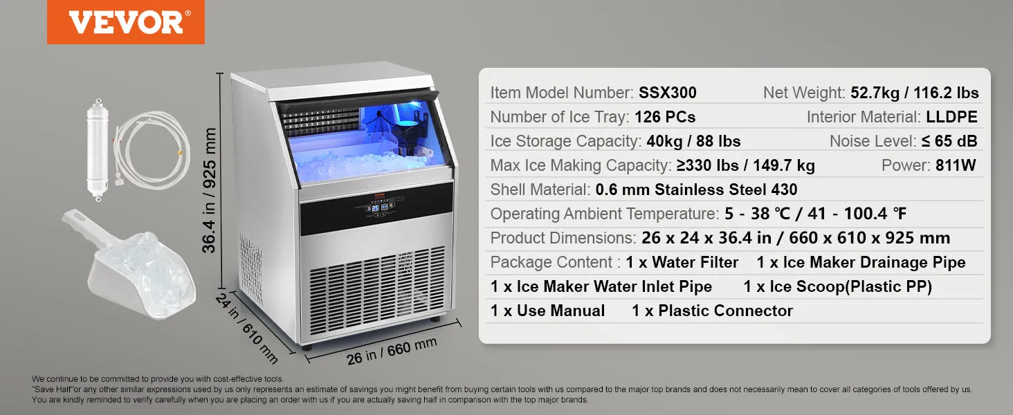 VEVOR commercial ice maker ssx300, 126 trays, 40kg storage, stainless steel, 811w, accessories shown.