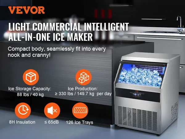 VEVOR commercial ice maker in a kitchen, boasting 88 lbs storage, 330 lbs daily production, and 126 ice trays.