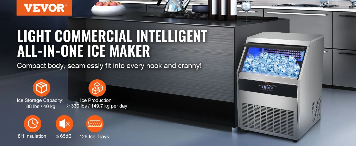 VEVOR commercial ice maker in a kitchen, boasting 88 lbs storage, 330 lbs daily production, and 126 ice trays.