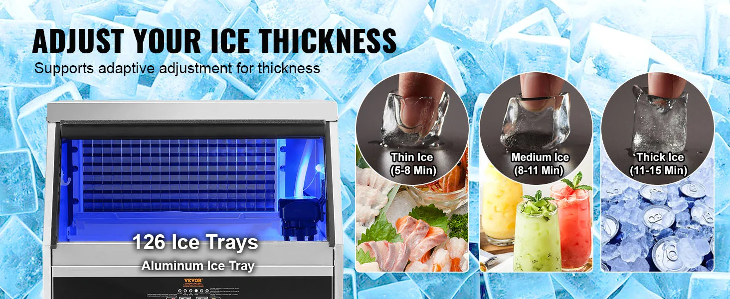 VEVOR commercial ice maker with 126 adjustable ice trays for thin, medium, or thick ice.