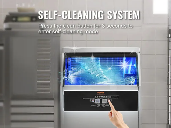 VEVOR commercial ice maker with self-cleaning system and illuminated ice storage compartment.