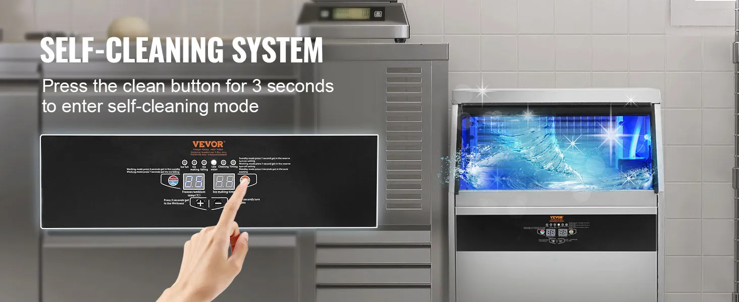VEVOR commercial ice maker with self-cleaning system and illuminated ice storage compartment.