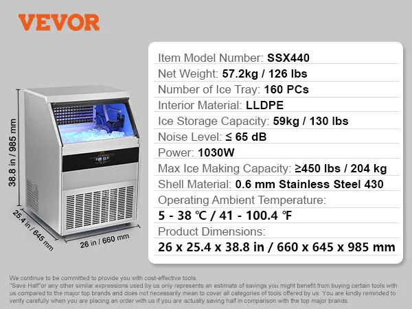Máquina de hielo comercial VEVOR ssx440 con capacidad de 59 kg, accesorios incluidos y especificaciones detalladas.