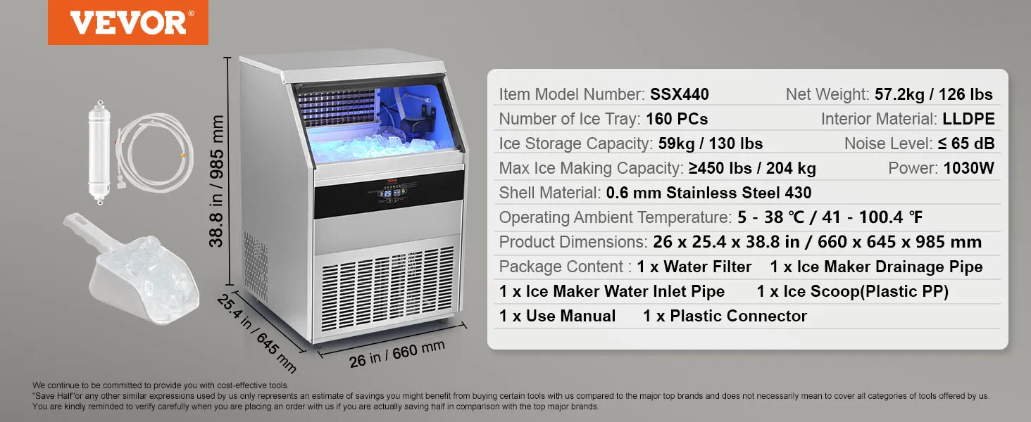 Máquina de hielo comercial VEVOR ssx440 con capacidad de 59 kg, accesorios incluidos y especificaciones detalladas.