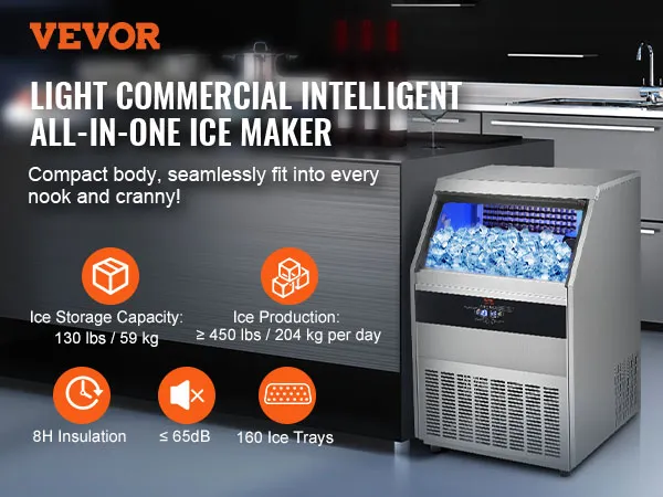 Máquina de hielo comercial VEVOR en una cocina elegante; producción de hielo compacta y de alta capacidad, 160 bandejas de hielo.
