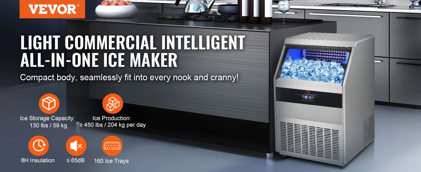 Máquina de hielo comercial VEVOR en una cocina elegante; producción de hielo compacta y de alta capacidad, 160 bandejas de hielo.
