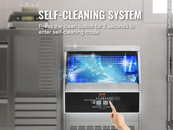 Máquina de hielo comercial VEVOR con sistema de autolimpieza, panel de control y producción de hielo en una cocina.