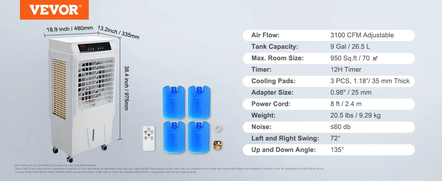 VEVOR evaporative air cooler dimensions and specifications, 3100 cfm, 9 gal tank, covers 950 sq ft.