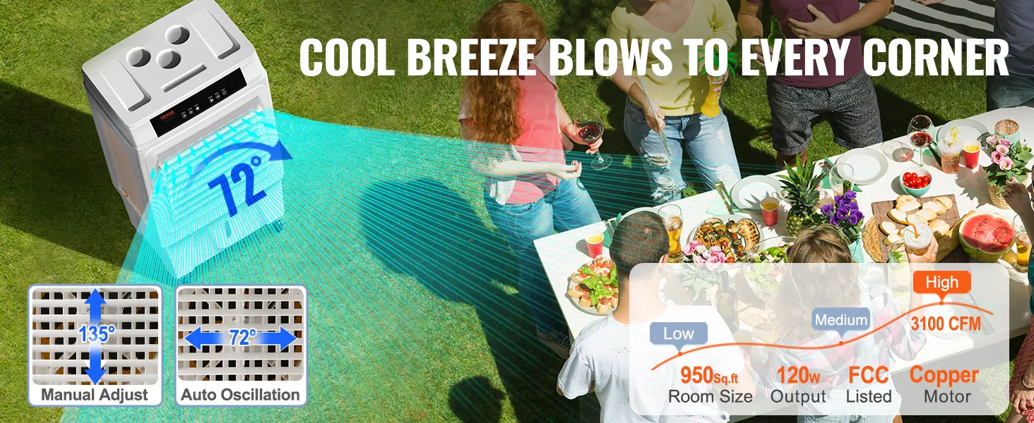 VEVOR evaporative air cooler cooling an outdoor party with adjustable airflow and high efficiency.