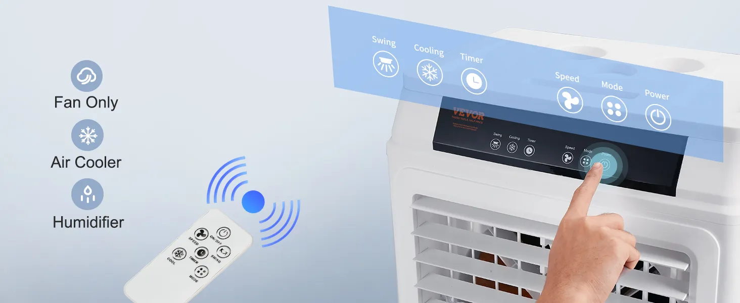 VEVOR evaporative air cooler with remote control, highlighting fan, cooling, and humidifier functions.