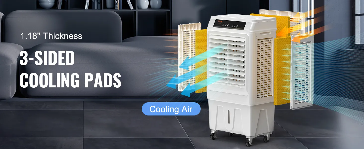 VEVOR evaporative air cooler in living room with 3-sided cooling pads and airflow illustration.