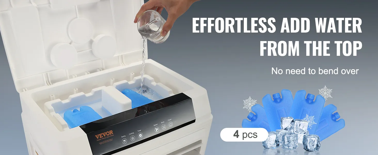 hand adding water to VEVOR evaporative air cooler with ice packs, showcasing easy top-fill design.