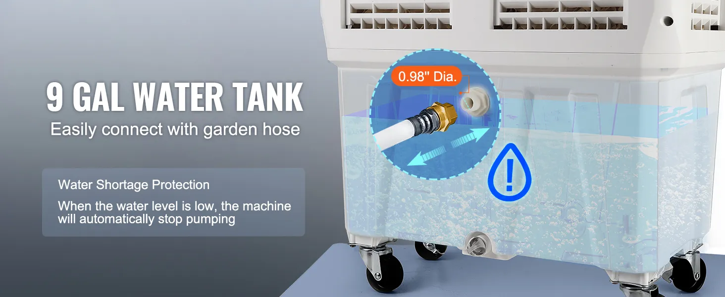 VEVOR evaporative air cooler with 9-gallon water tank, garden hose connection, and water shortage protection.