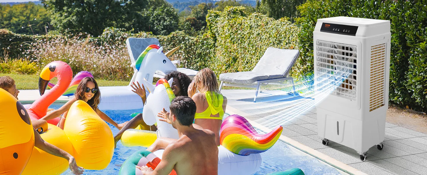 people enjoying a pool party with inflatable floats while a VEVOR evaporative air cooler operates nearby.