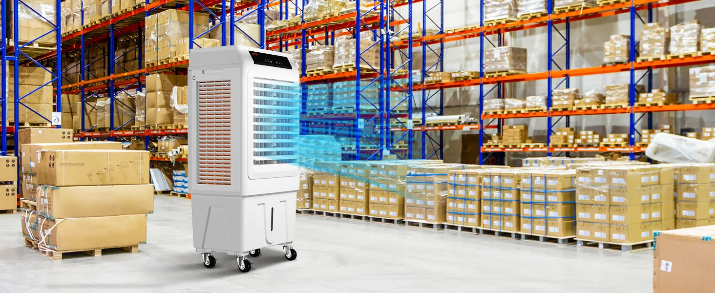 warehouse with VEVOR evaporative air cooler cooling system on wheels amidst tall blue and red shelving units.