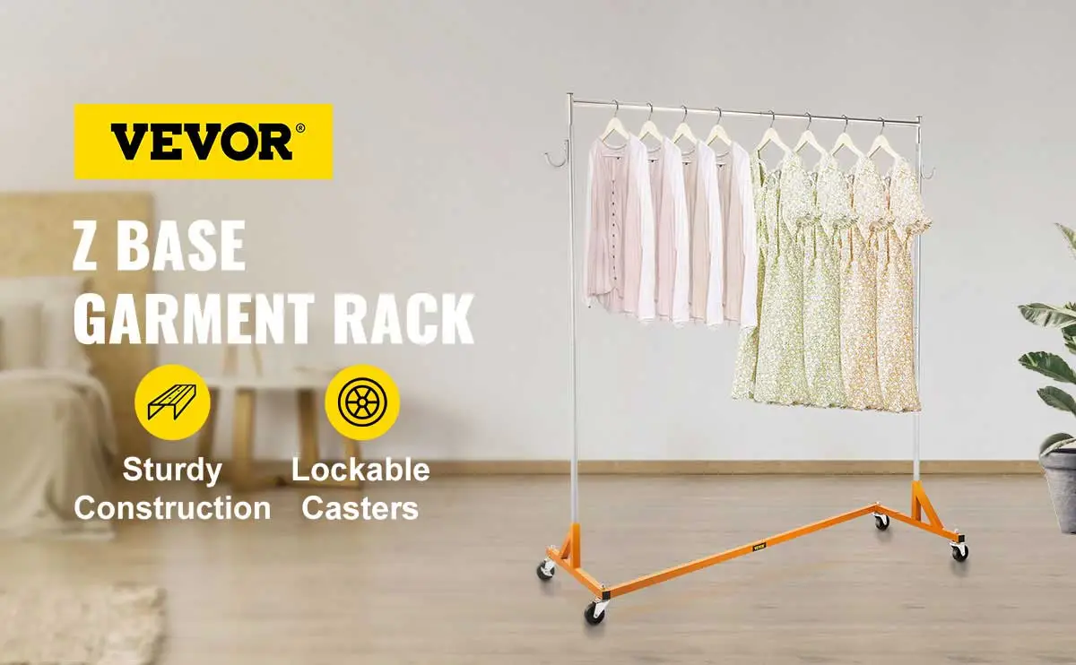 VEVOR z base garment rack with sturdy construction and lockable casters.
