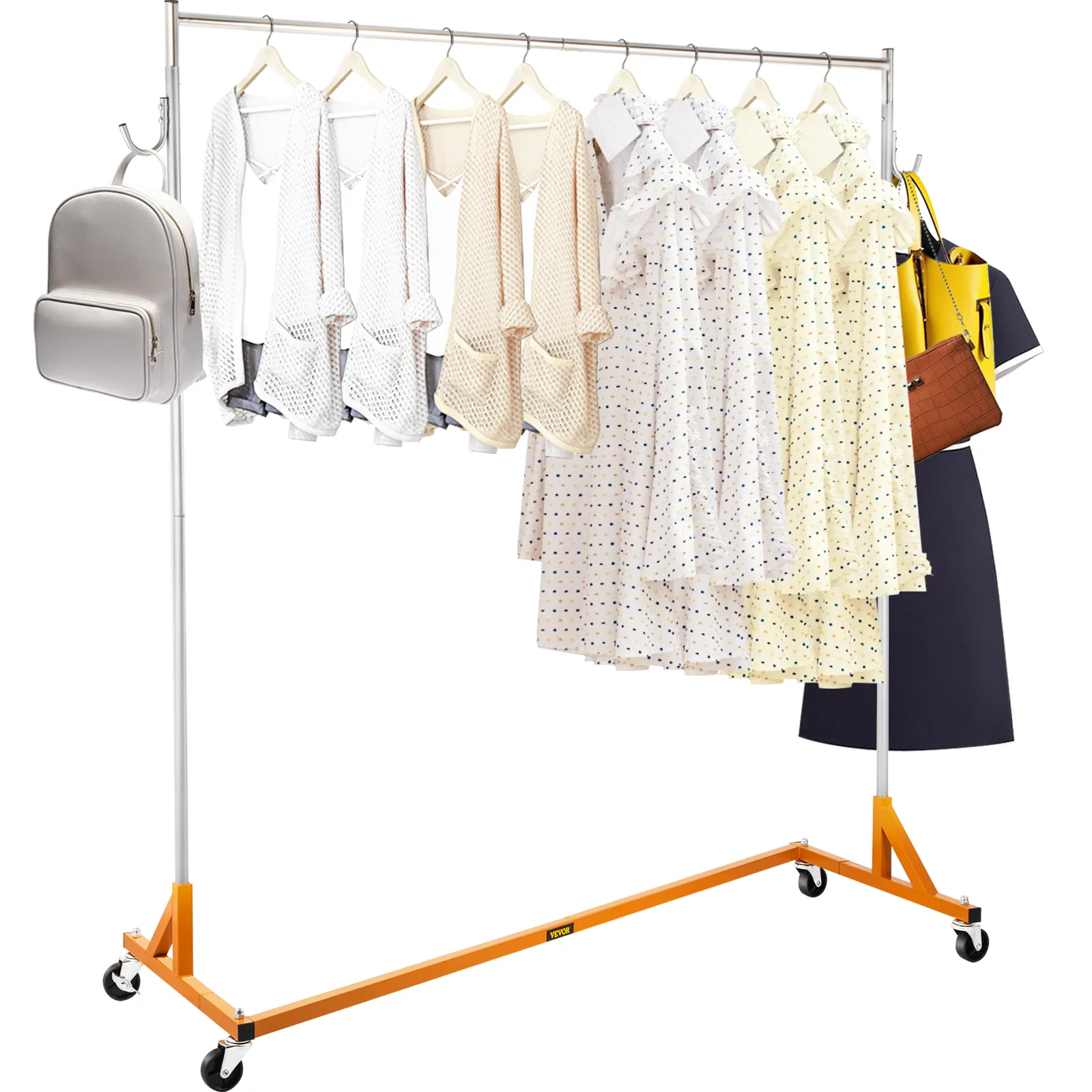 VEVOR z rack with clothes, backpacks, and bags on hangers.