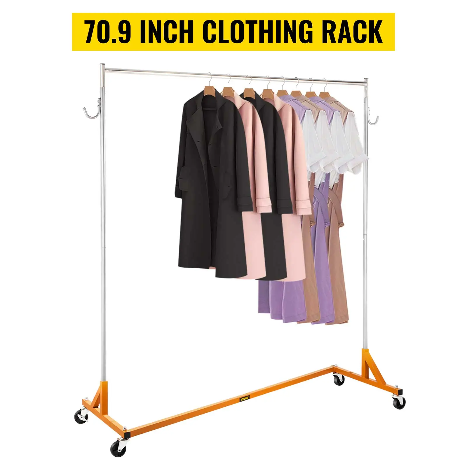VEVOR z rack displaying various coats and shirts on a 70.9 inch clothing rack.