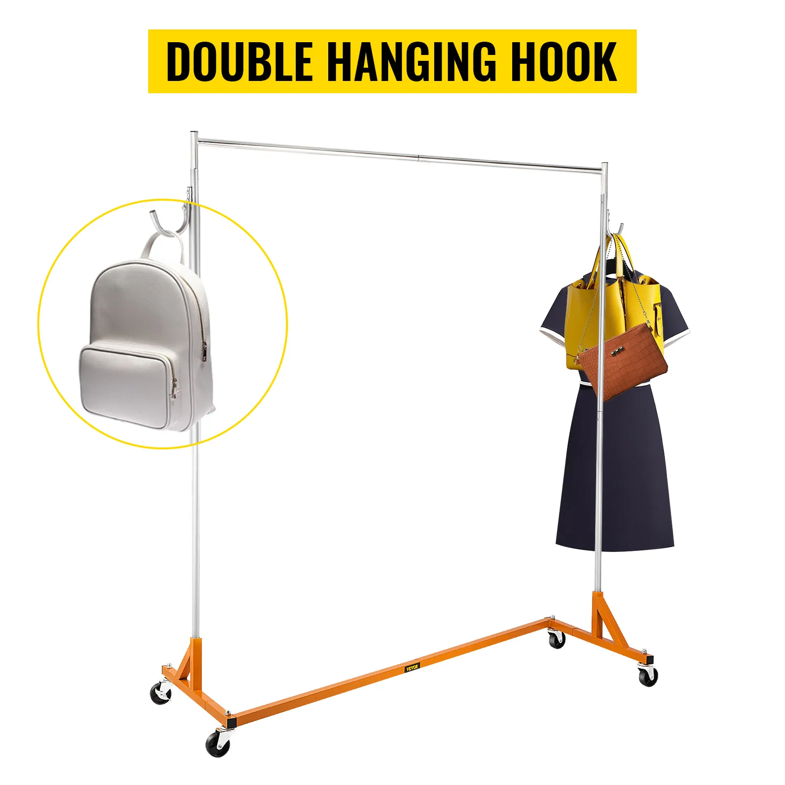 VEVOR z rack with double hanging hook, holding a white backpack, dress, and bags.