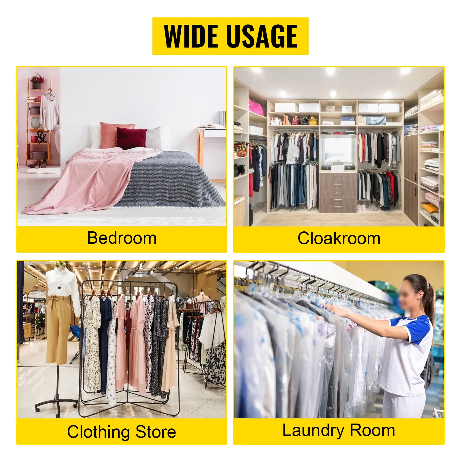 VEVOR z rack for bedroom, cloakroom, clothing store, and laundry room usage.