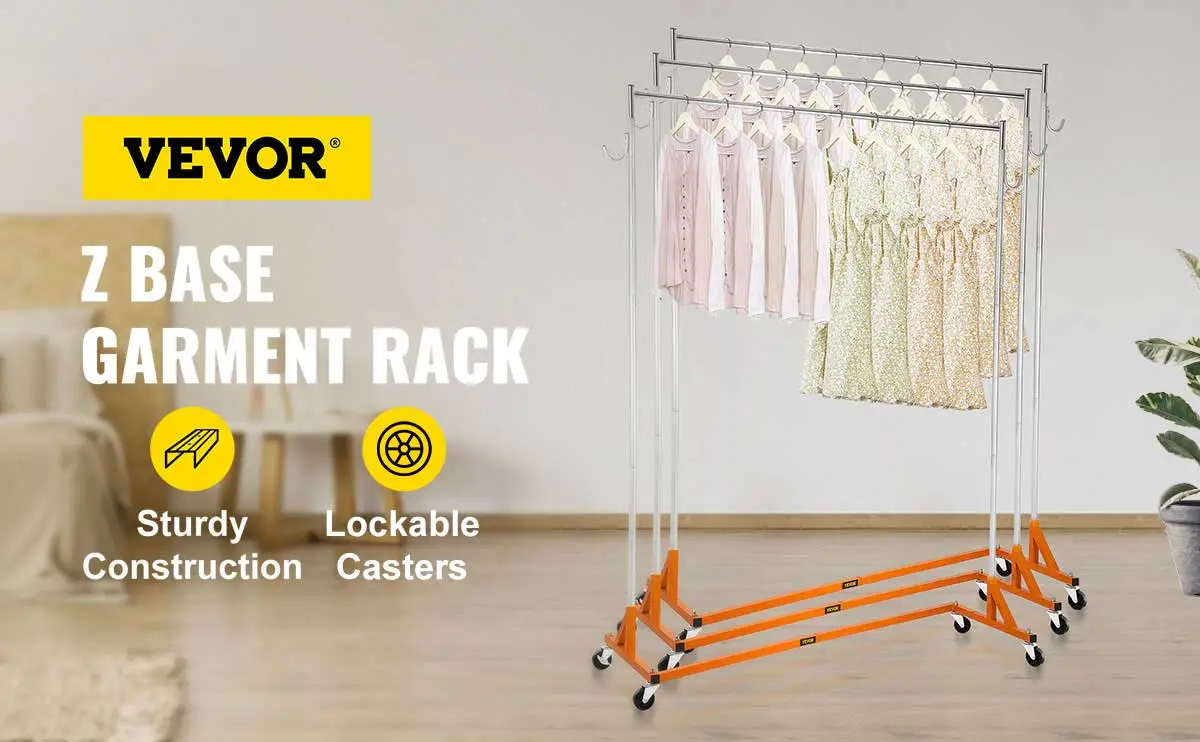 VEVOR z base garment rack, sturdy construction, lockable casters, clothes hanging neatly.