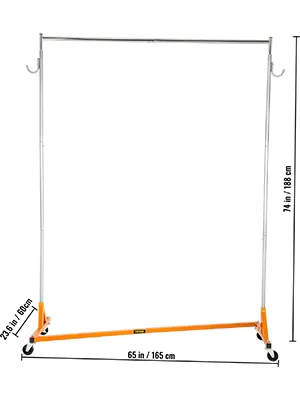 VEVOR z base garment rack, 74in height, 65in width, sturdy and mobile design.