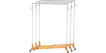VEVOR z base garment rack in orange and silver with multiple racks and casters.