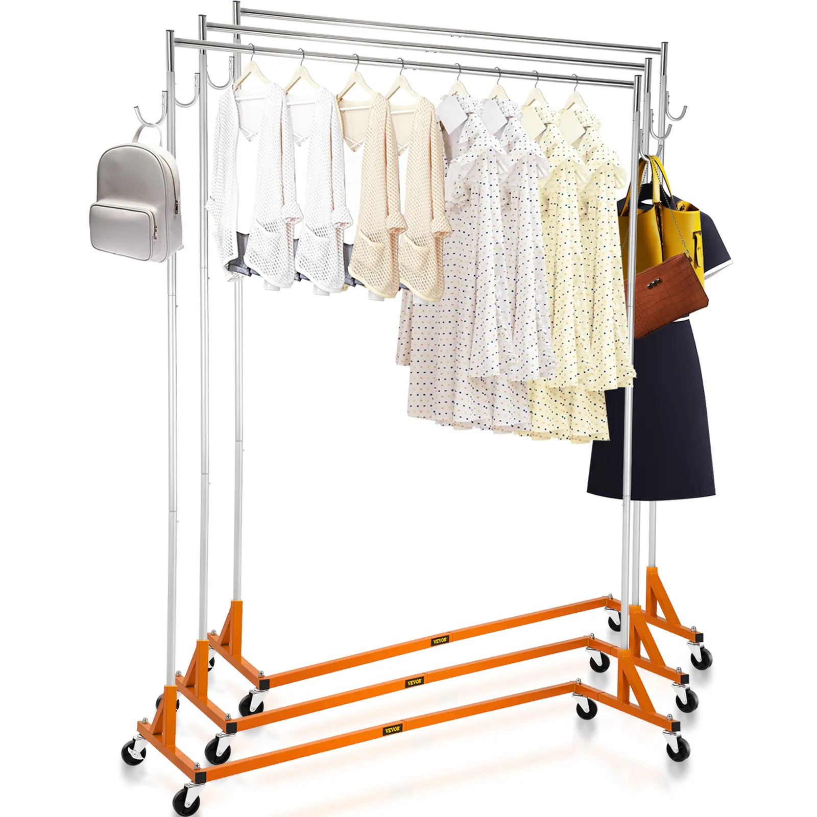 VEVOR z base garment rack with clothes, bags, and wheels for easy mobility.