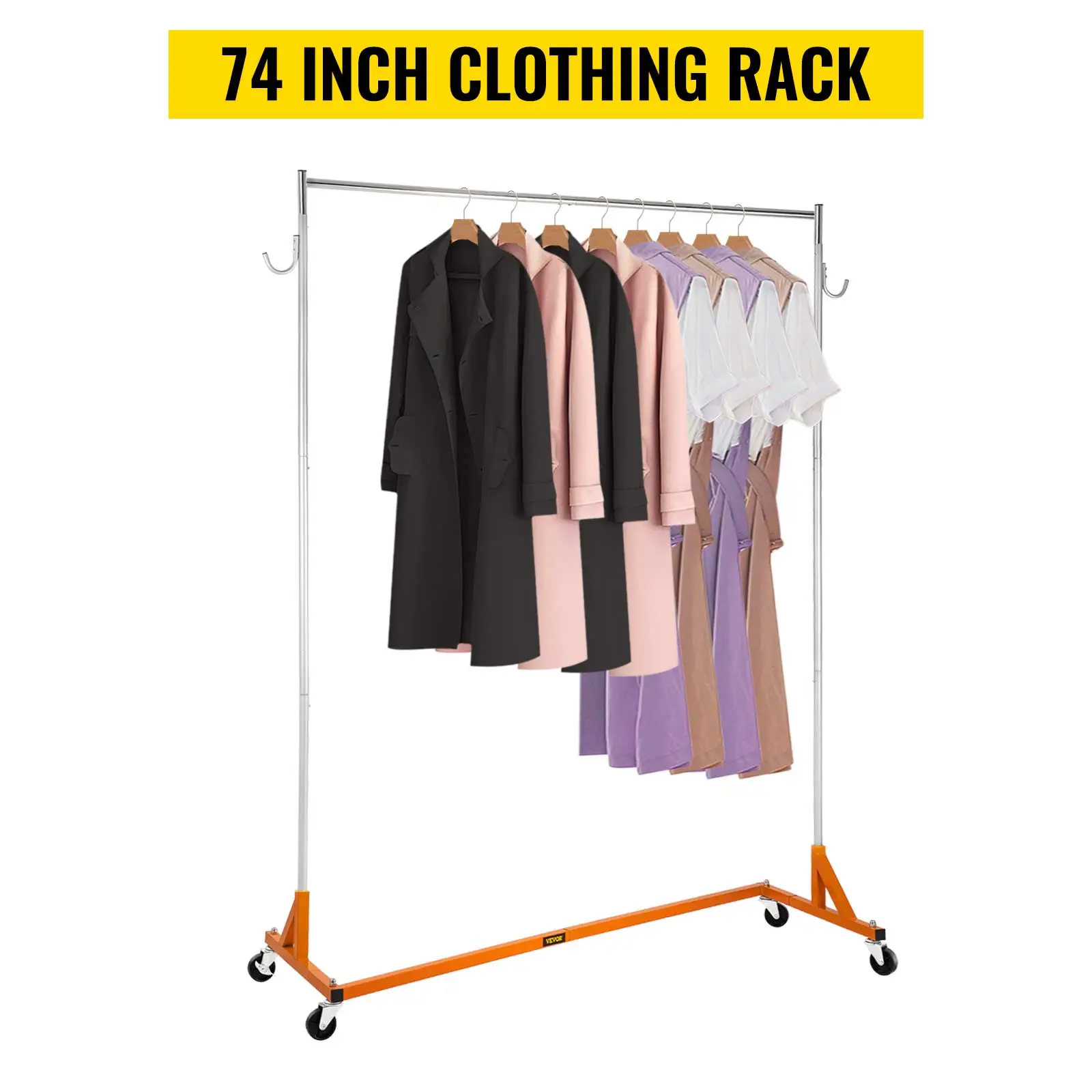 VEVOR z base garment rack with clothes on hangers, 74-inch clothing rack display.