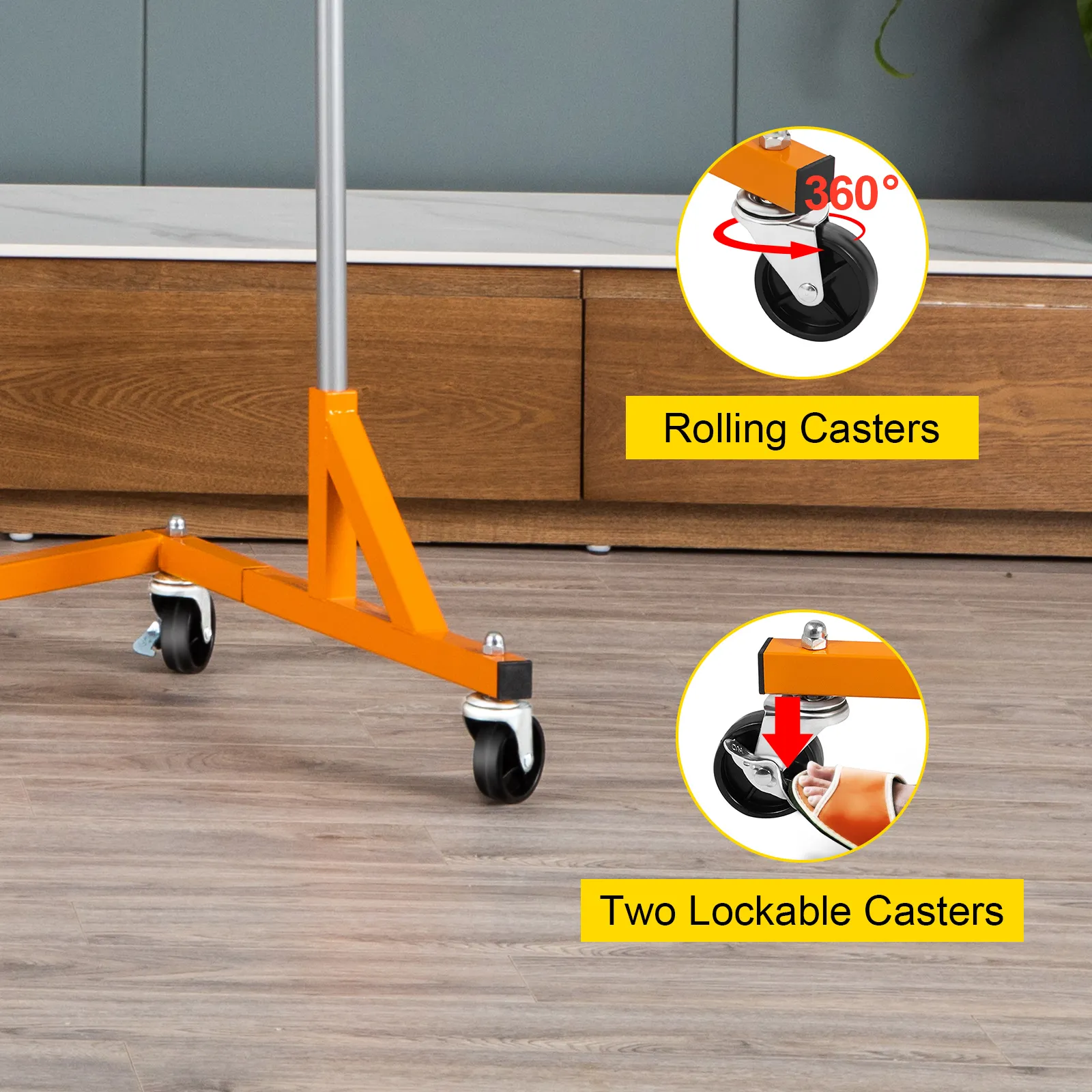 VEVOR z base garment rack with rolling and lockable casters, wooden background.