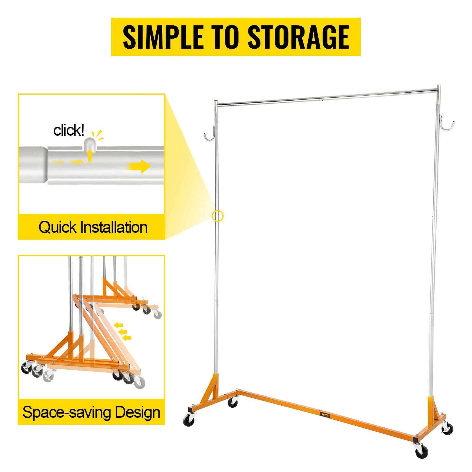 VEVOR z base garment rack with quick installation and space-saving design features.