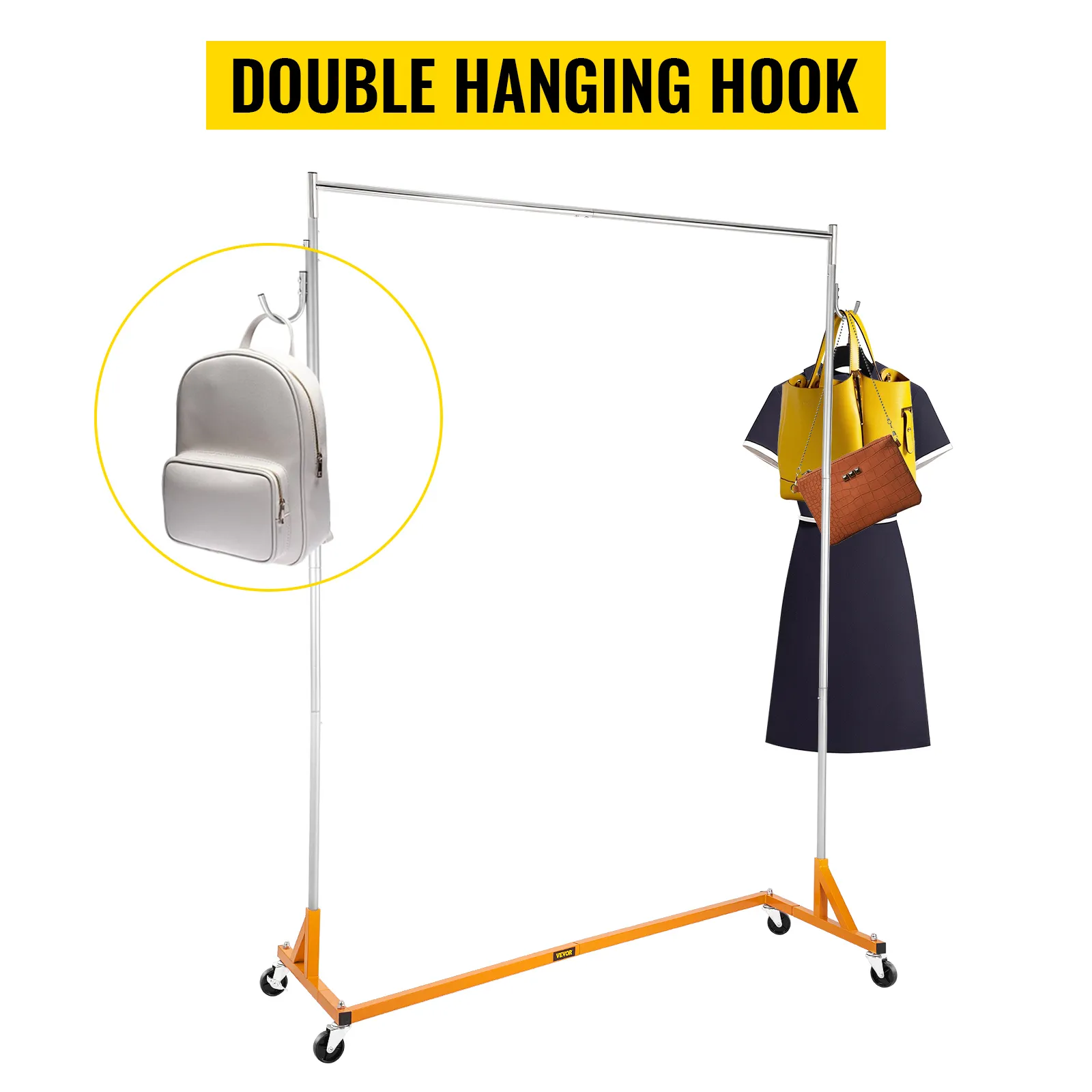 VEVOR z base garment rack with double hanging hook and wheels, holding bags and clothes.