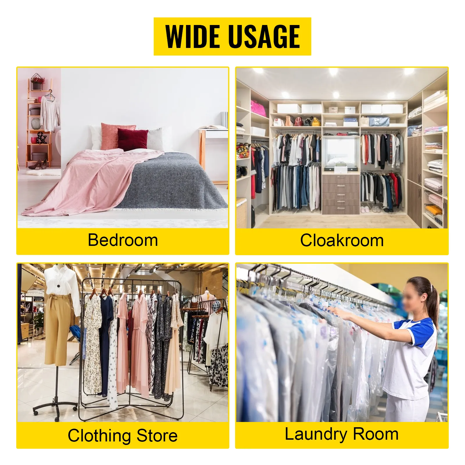 wide usage: VEVOR z base garment rack in bedroom, cloakroom, clothing store, and laundry room.