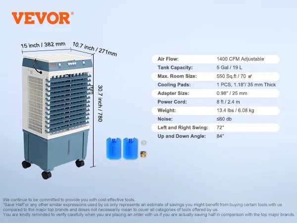 Enfriador evaporativo VEVOR con 1400 cfm, capacidad de 5 galones, cobertura de 550 pies cuadrados y peso de 13,4 libras.