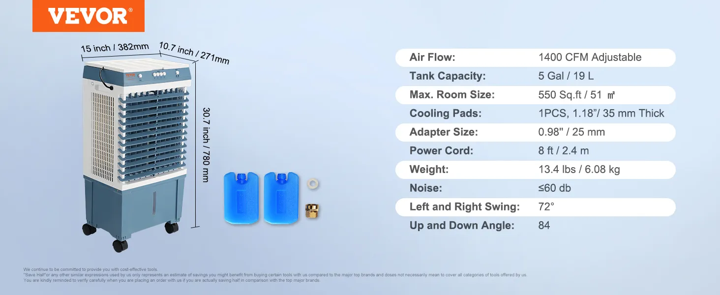Enfriador evaporativo VEVOR con 1400 cfm, capacidad de 5 galones, cobertura de 550 pies cuadrados y peso de 13,4 libras.