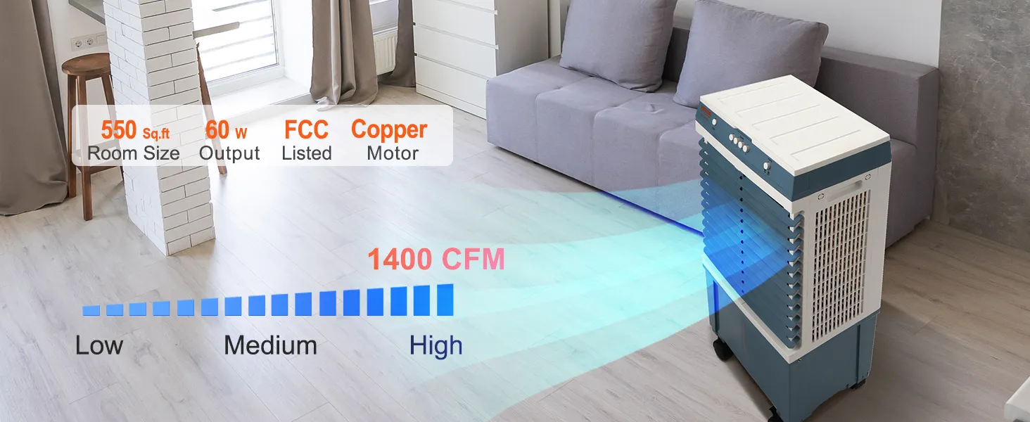 Enfriador evaporativo VEVOR en sala de estar; cubre 550 pies cuadrados con 1400 cfm, salida de 60 W, motor de cobre, listado por la FCC.