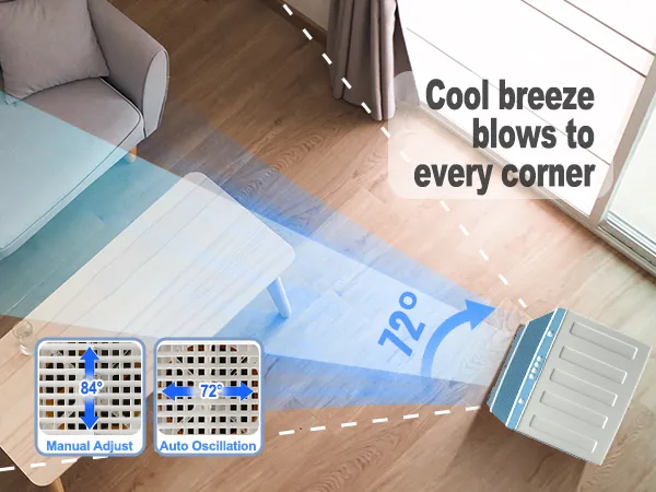 Enfriador evaporativo VEVOR que proporciona una brisa fresca a cada rincón de una sala de estar moderna con oscilación automática.