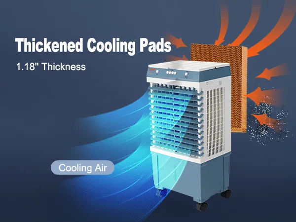 Enfriador evaporativo VEVOR con almohadillas de enfriamiento engrosadas de 1,18" e ilustración de aire frío.