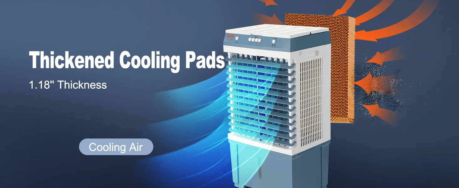 Enfriador evaporativo VEVOR con almohadillas de enfriamiento engrosadas de 1,18" e ilustración de aire frío.